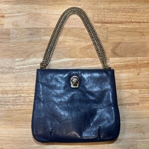 Vintage 1970s Ruth Saltz Navy Leather “Cougar Bag” with gold Chain Strap Bag